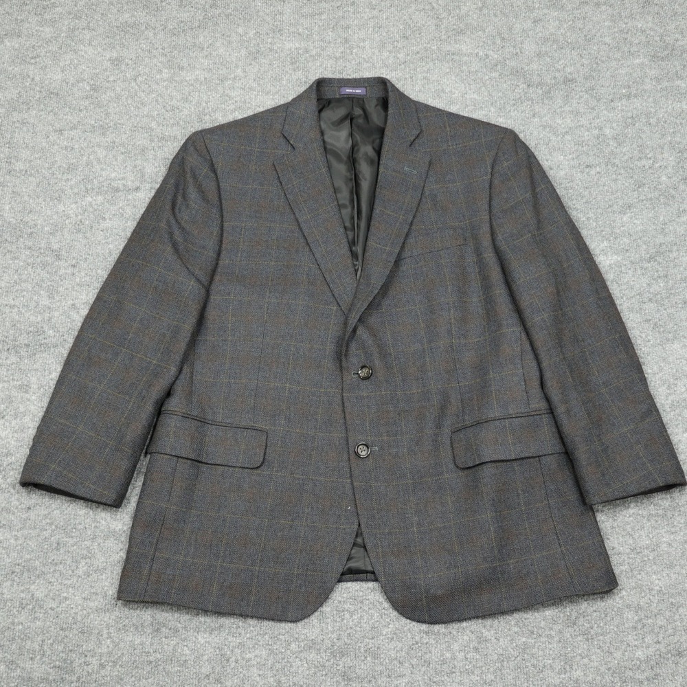 Stafford Sport Coat Mens 44 Short Grey Merino Wool Classic Fit Windowpane Plaid